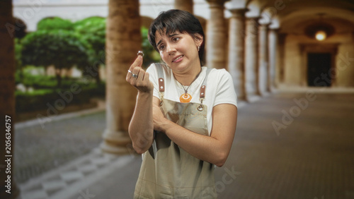 Valokuva Woman jeweler holding a ring between fingers, showing bare hand and a hesitant presenting gesture in a colonnade building; uncertainty