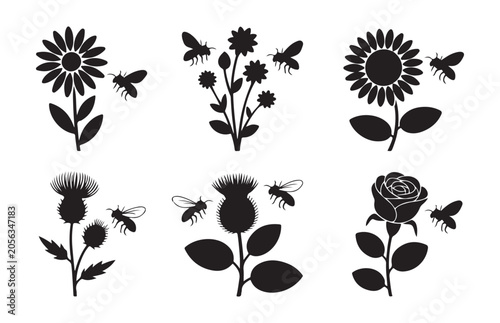Foto Collection of black silhouettes featuring flowers and honey bees on a transparent background design