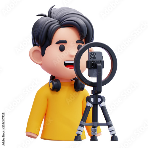 Cartoon male content creator recording video