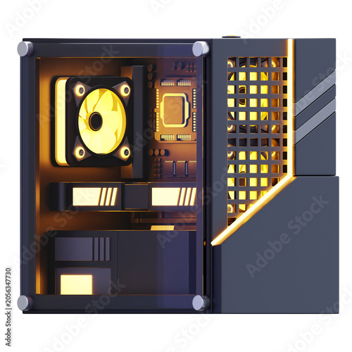 Open Computer Tower Showing Internal Hardware Components and Circuit Board
