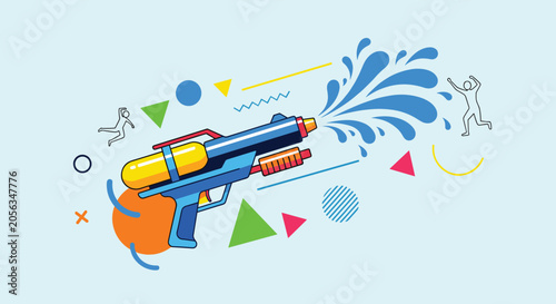 Brightly colored water gun shoots a stream of water in a playful summer theme with geometric shapes and human silhouettes in the background.