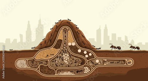 Detailed cross-section of an underground ant colony with many ants working in tunnels against a city skyline in the distance.