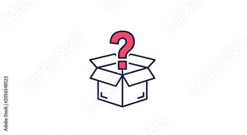 Pink question mark emerging from an open cardboard box representing mystery, surprise, and unknown delivery content.