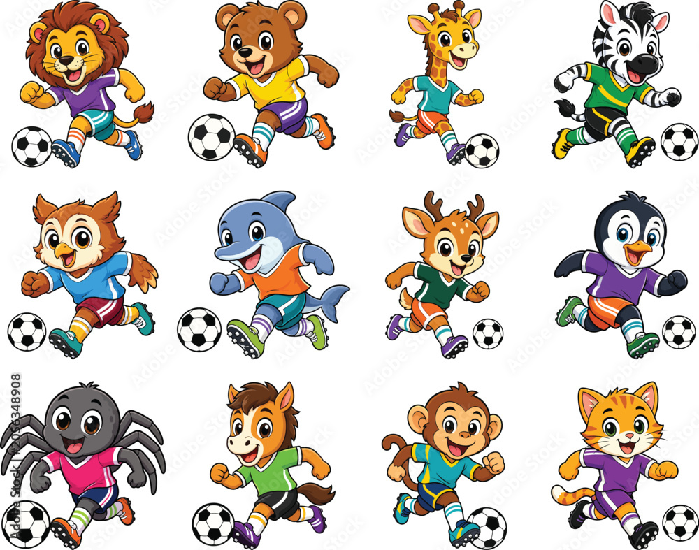 Obraz premium Playing soccer Cartoon animal set in colorful uniforms