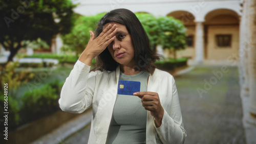 Valokuva Woman holds creditcard and hand to forehead gesture in front of building, blue chip card visible and looking down; financial worry