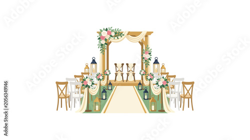 Konstfotografi Elegant Wedding Ceremony Setup with Arch, Chairs, Flowers, and Lanterns