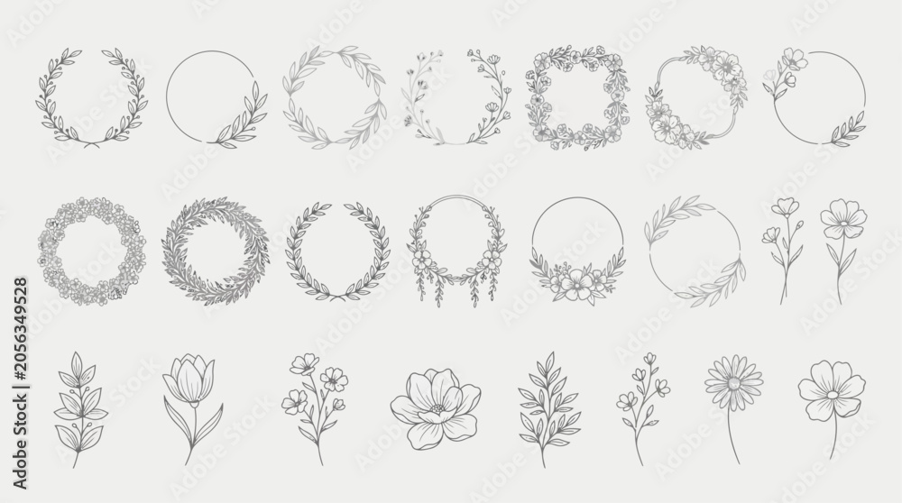 Fototapeta premium Decorative round floral frames made of blooming flowers hand drawn with contour lines on white background. Vintage laurel wreaths collection. Set of circular natural design element.Vector illustration