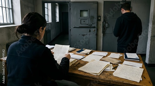 Woman examining historical archives and paper documents inside a dark prison corridor setting