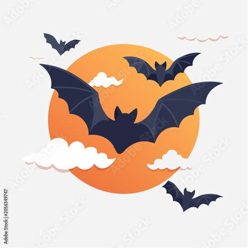 Bats flying in front of a large orange moon with clouds