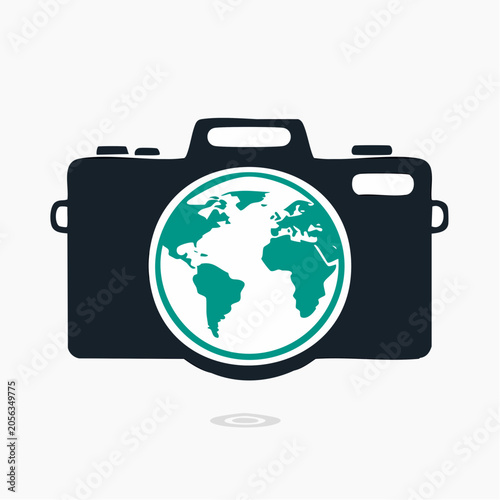 Camera Lens with Earth Globe Icon