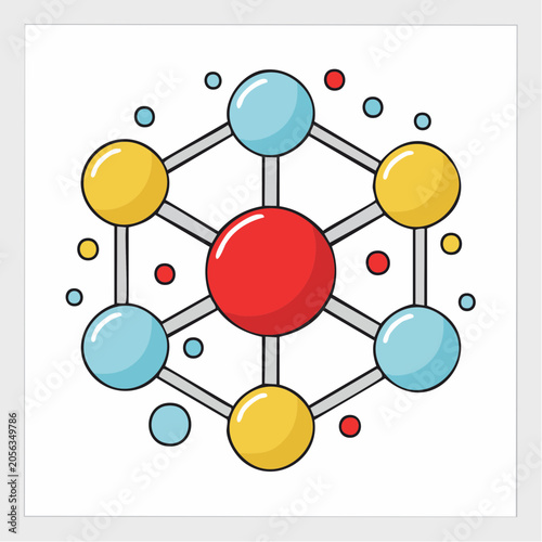 Abstract molecular structure with colorful spheres and connecting lines