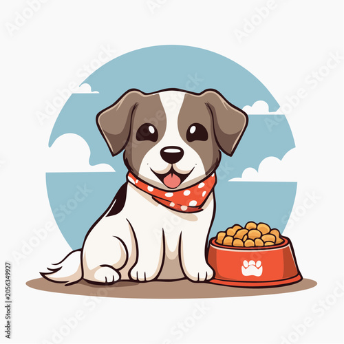 Cute cartoon dog with a bowl of food