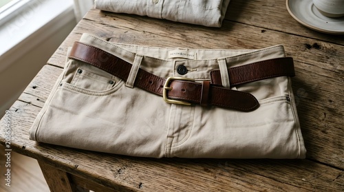 Folded beige cotton trousers with a brown leather belt on a rustic wooden table