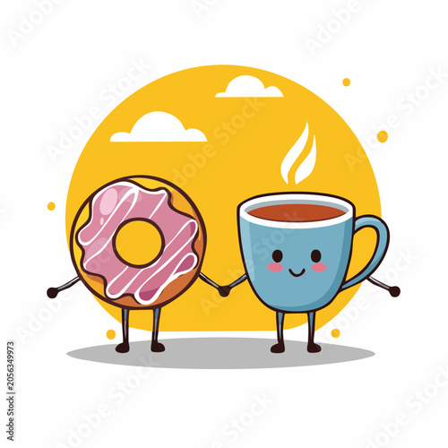 Cute Donut and Coffee Cup Holding Hands