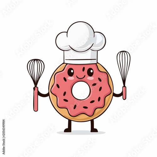 Cute Donut Chef Character Holding Whisks