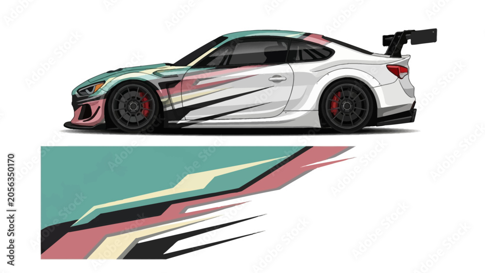 Fototapeta premium Sleek race car with bold geometric wrap and dynamic color graphics.