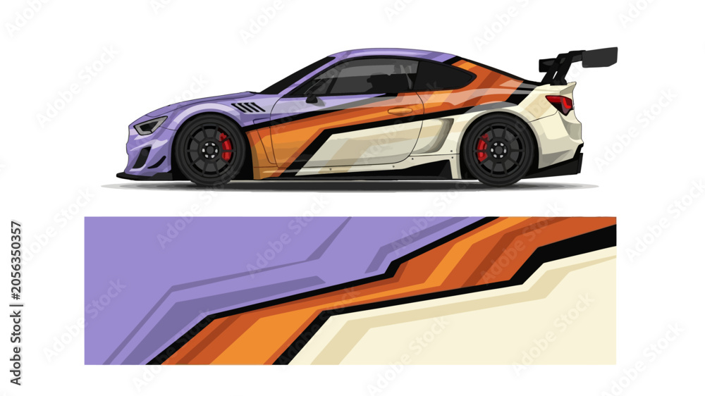 Fototapeta premium Vibrant sport racing car with bold orange and purple livery beside abstract graphic elements.
