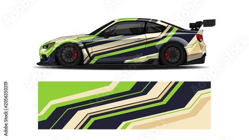 High-speed neon green racing car with bold stripes and aerodynamic decals on a track.