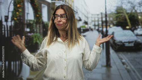 Quadro su tela Woman in white button shirt and large glasses raises both palms in a shrug gesture on a residential street lined with parked cars and iron railings; uncertainty
