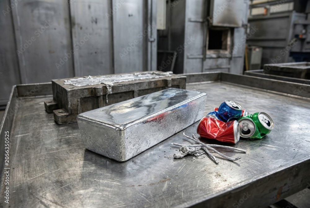 Obraz premium Pouring molten aluminum metal from crucible into mold with crushed cans background