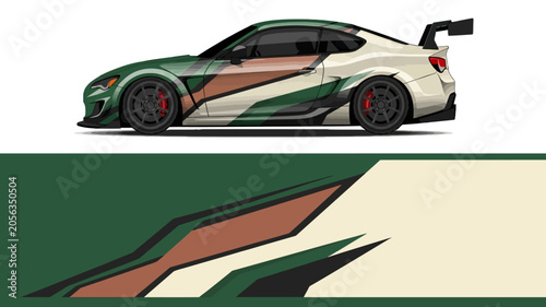 Valokuva Side profile of a two-tone sports coupe with camo livery, a dynamic illustration of a high-performance racing car