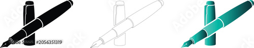 Set of fountain pens in black, white outline and teal gradient styles