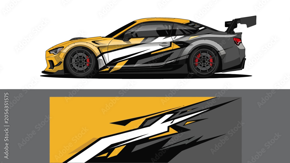 Fototapeta premium Dynamic yellow and black race car in motion.