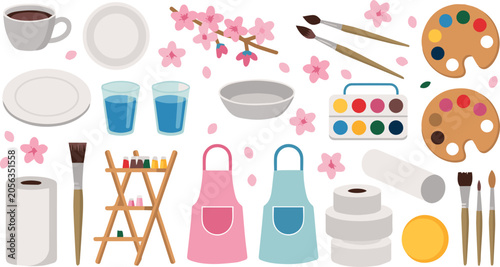 cartoon style art supplies and tableware on white