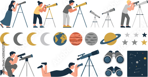 People using telescopes to observe the moon and planets in the solar system with various astronomy equipment