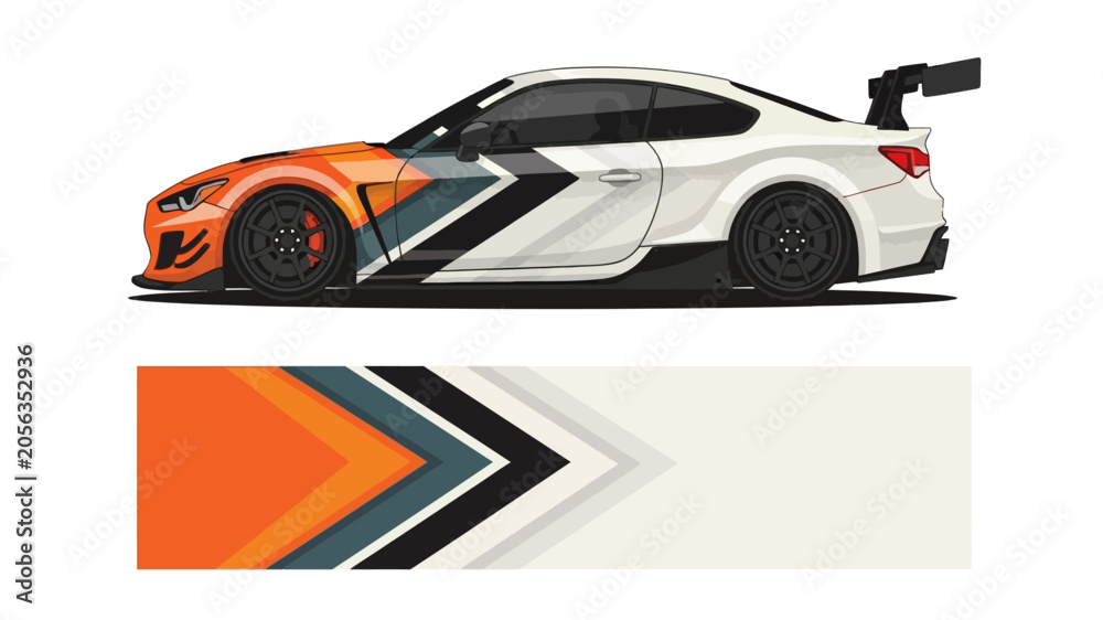 Naklejka premium Side view of a white and orange race car with bold graphic decals.