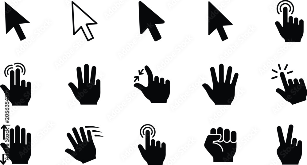 Fototapeta premium Set of computer mouse cursors and hand gestures, pointer, arrow, click, tap, zoom, move, swipe, scroll.