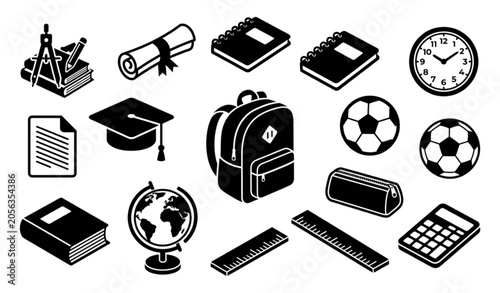 Black School Supply Icons with Backpack Diploma Notebook and Academic Accessories Vector Set