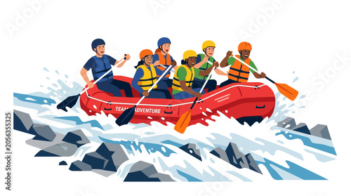 Diverse group white water rafting, adventure, teamwork, team building, summer fun