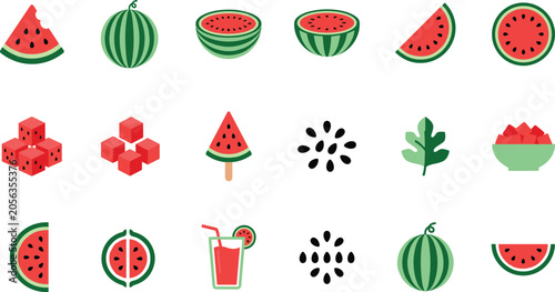 Bild auf Leinwand Fresh Watermelon Slices Cubes Juice and Seed Varieties Vector Icon Set for Summe