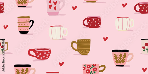 Seamless Valentine cups pattern with romantic coffee mugs, tea cups, and heart motifs on a soft pink background, charming repeat design for fabric, wallpaper, wrapping paper, kitchen textiles