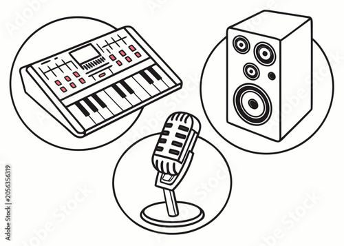 Schilderij op canvas MIDI Keyboard Synthesizer Studio Speaker and Vintage Microphone Icons in Circles