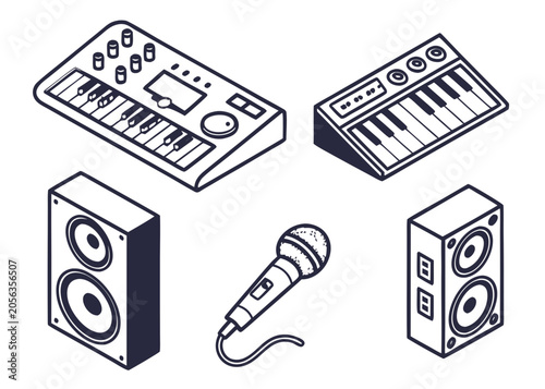 Photography Black Line Synthesizers Speakers and Microphone Music Equipment Icons on Plain W