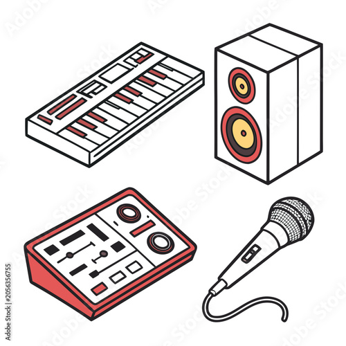 Canvas Print White MIDI Keyboard Red Audio Mixer Studio Monitor Speaker and Microphone on Whi