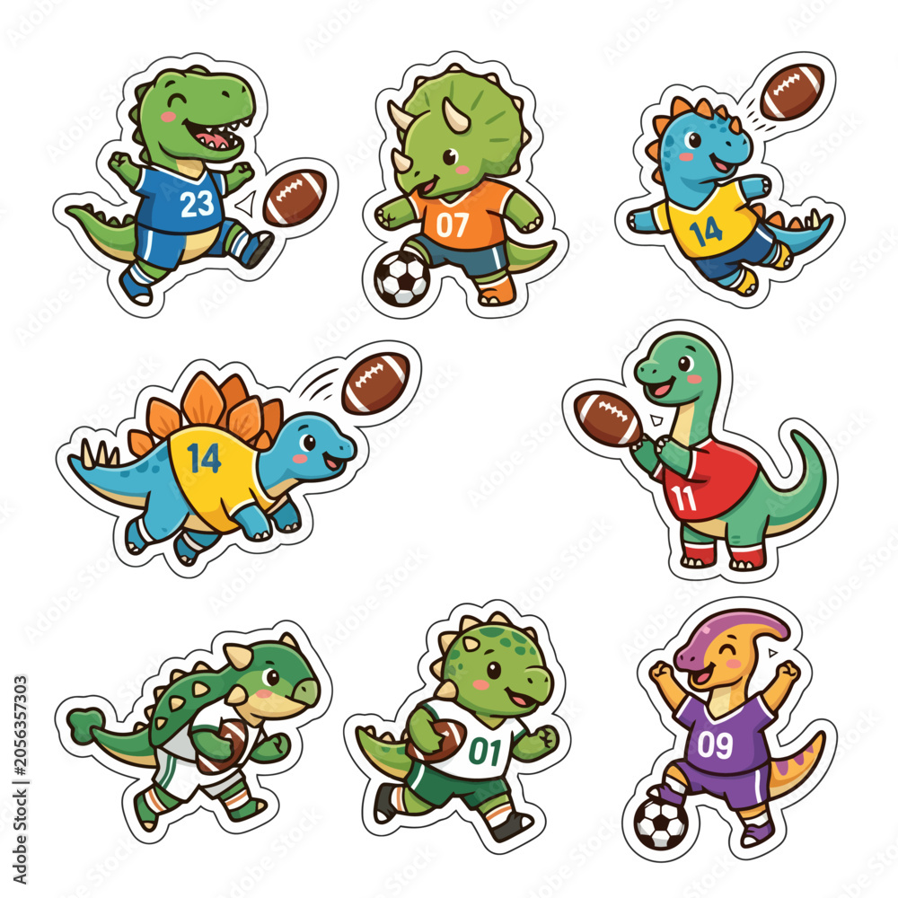 Obraz premium Vector Icon Cute cartoon dinosaurs playing sports like football and soccer. EPS Editable