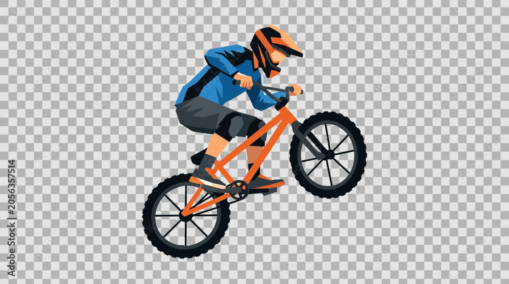 Fototapeta premium Mountain biker performing stunt on orange bicycle on transparent background