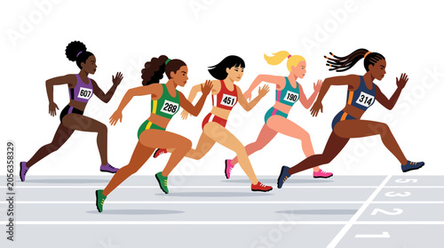 Diverse female athletes competing in a track race, sprinting towards the finish line.