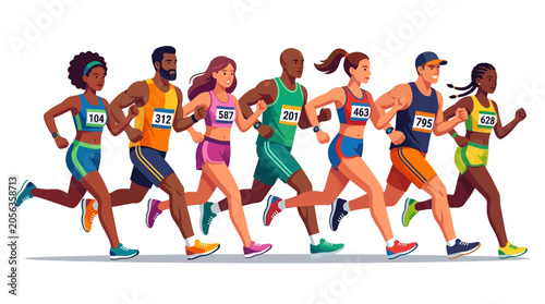 Diverse group of runners competing in a race, illustration