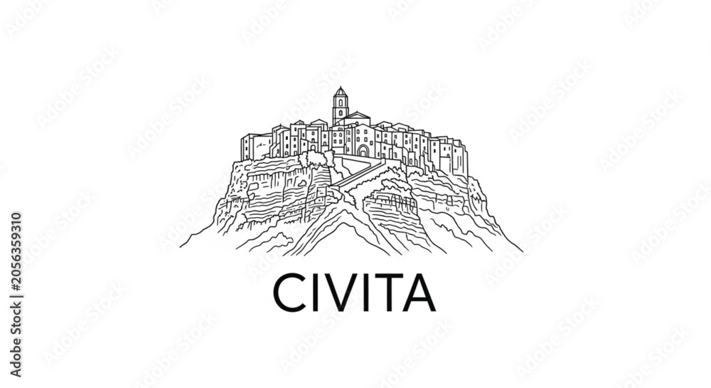 Naklejka premium Civita Di Bagnoregio Town Illustration.