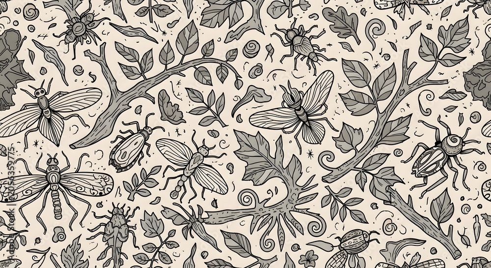 Fototapeta premium Elegant Monochrome Floral Pattern with Delicate Branches and Leaves.