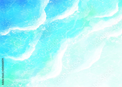 Obraz na plátně 青く美しく透き通った海を真上から見た風景　海の水面と波の水彩イラスト