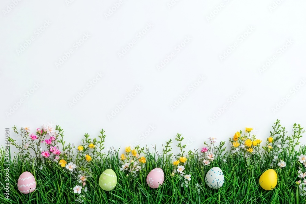 Fototapeta premium Easter eggs on green grass border colorful flowers easter.