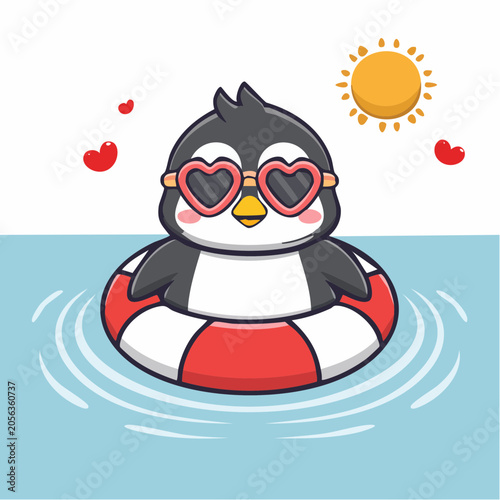 Cute Penguin Enjoying Summer Vacation in a Pool