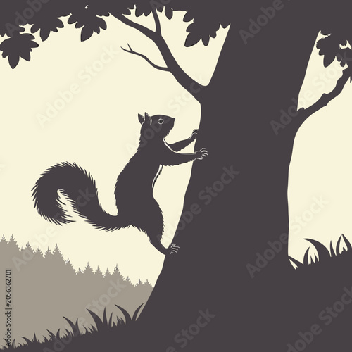Dark Squirrel Silhouette Climbing a Tree Trunk with distant Forest Skyline and Leaves on Cream