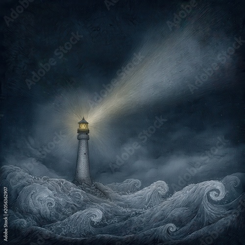 Lighthouse beaconing through stormy seas.