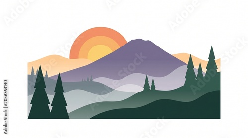Serene Mountain Sunrise Landscape: A stylized depiction of a mountain range at sunrise, with rolling hills, pine trees, and a warm, gradient sky creating a peaceful and majestic natural scene.
